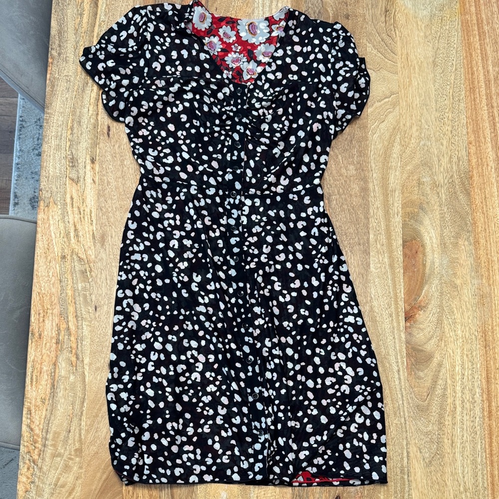 CAbi Black and White Printed Short Dress with Red Floral Accent